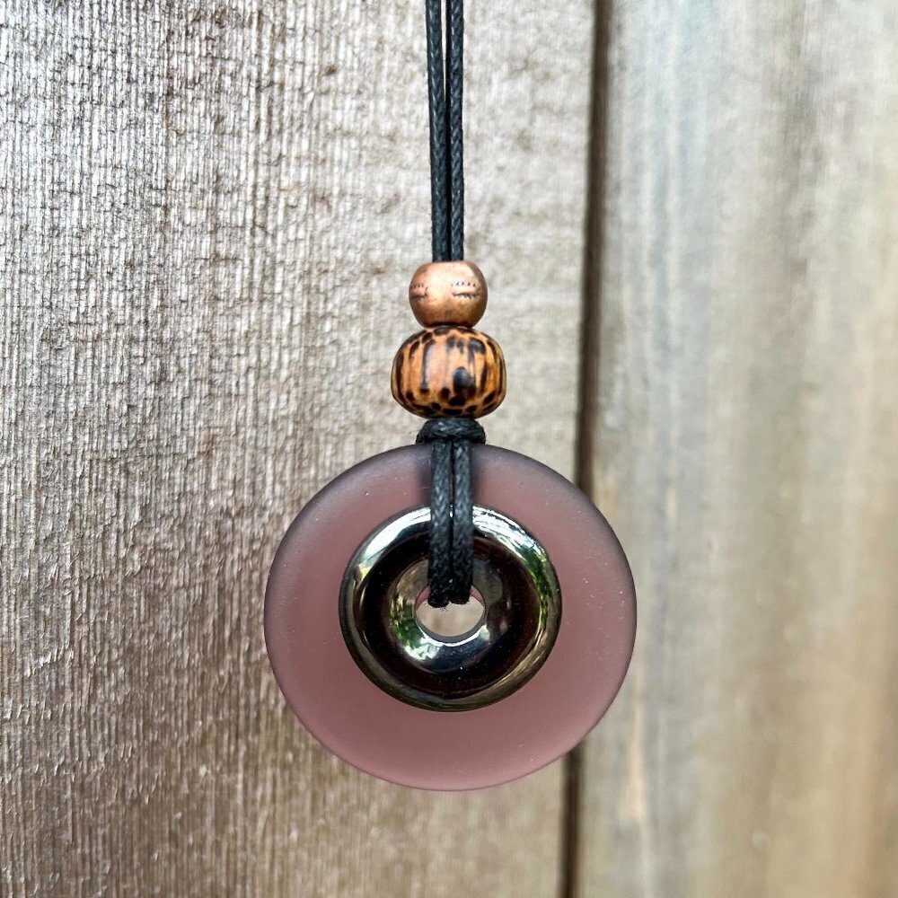 Hematite and Purple Sea Glass Pendant | Handmade - Picture 4 of 6